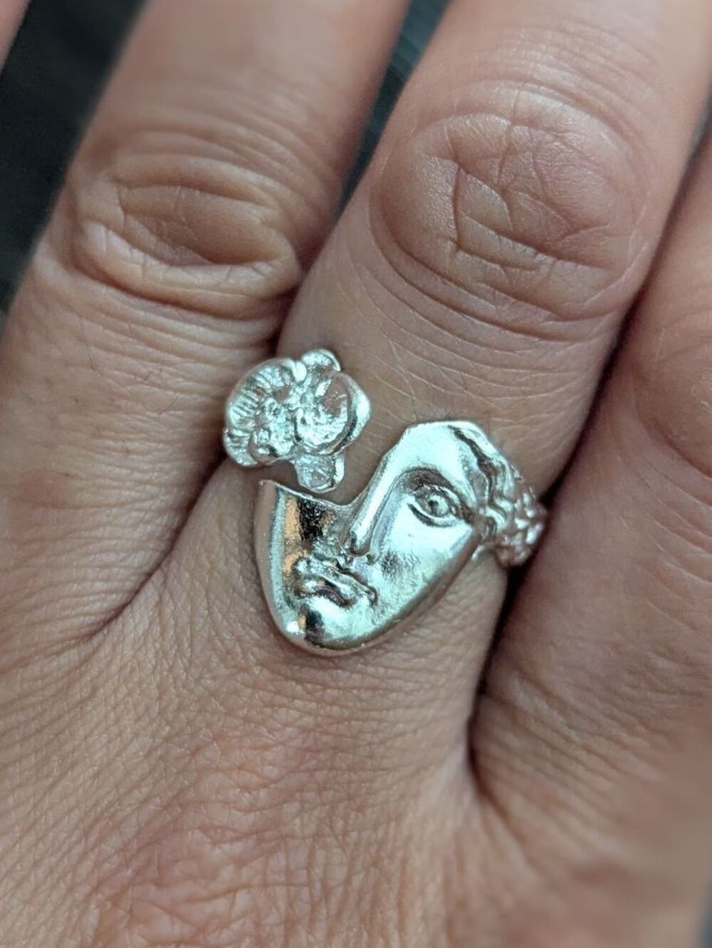 Sterling Silver 925 Ring Flower Woman Face Feminine Adjustable